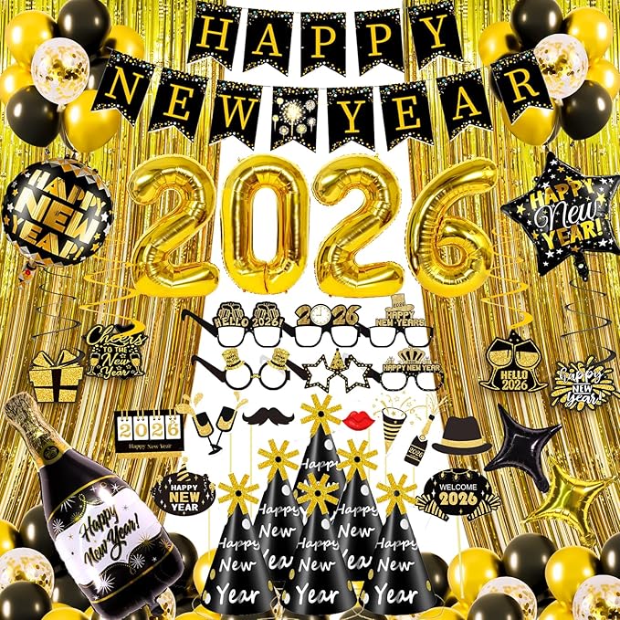 New Years Eve Party Supplies 2026 New Years Decorations 2026 Happy New Year Decorations Eve Party Decorations, Hats & Glasses, Photo Props, Happy New Year Banner Foil Balloon Curtain Hanging Swirls
