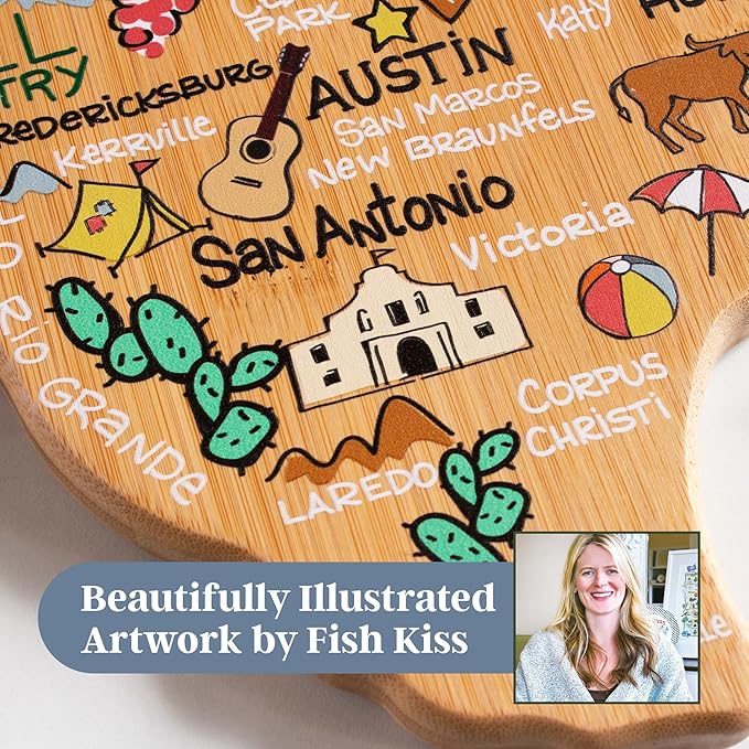 Totally Bamboo Texas State Shaped Cutting Board with Artwork by Fish Kiss – Colorful Map Artwork for Serving, Display or Kitchen Use – Unique Texas Gift and Home Décor