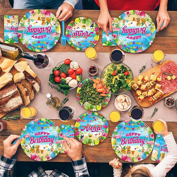 200Pcs Hawaiian Aloha Party Tableware Set, Luau Tropical Birthday Party Decorations Supplies for Summer Beach Pool Retirement Baby Shower Disposable Paper Plates Napkins Forks for 50 Guests