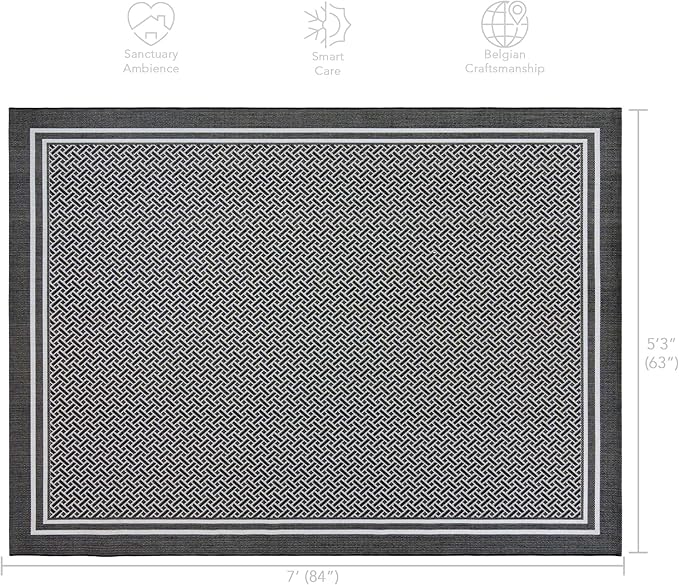 Gertmenian Indoor/Outdoor Flatweave Area Rug - 5x7 Standard, Stain & UV Resistant, Ideal for Deck, Patio, Poolside, Mudroom - Border, Black and White, 22256