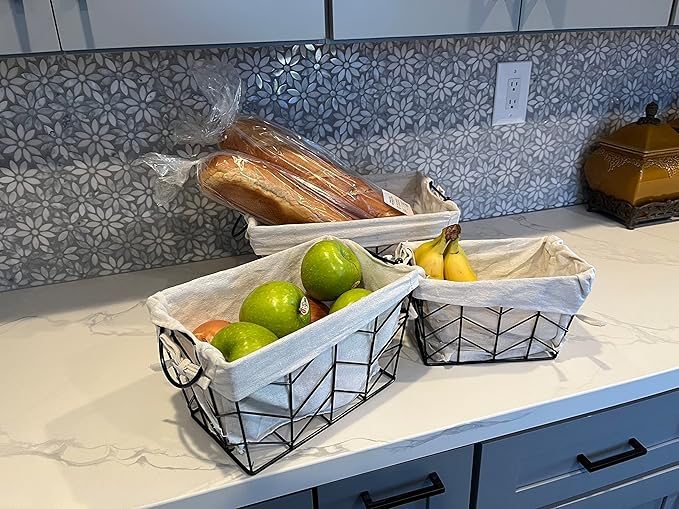 Admired by Nature Metal Wire Storage Basket with Soft Fabric Liners - Set of 3 Sizes Decorative Nesting Basket Crates for Home, Kitchen, Bathroom, Classroom Decor (S, M, L)
