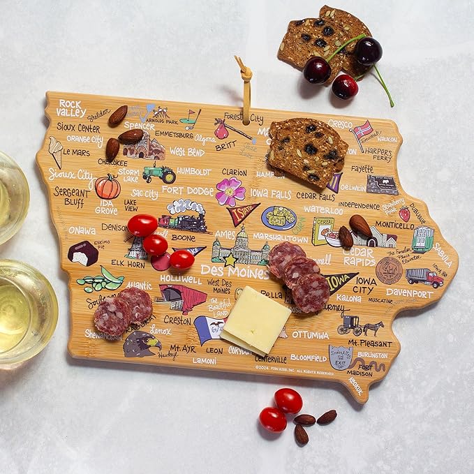Totally Bamboo Iowa State Shaped Cutting Board and Charcuterie Serving Platter with Artwork by Fish Kiss, Includes Hang Tie for Wall Display