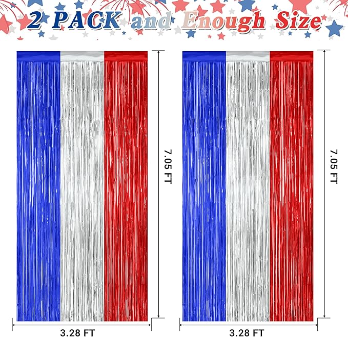 2 Pack 4th of July Decorations, 3.28 FT x 7.05 FT 250 Anniversary Tinsel Backdrop, Red Silver Blue Fringe Curtains Streamer Backdrop, Independence Day Photo Backdrop Party Supplies