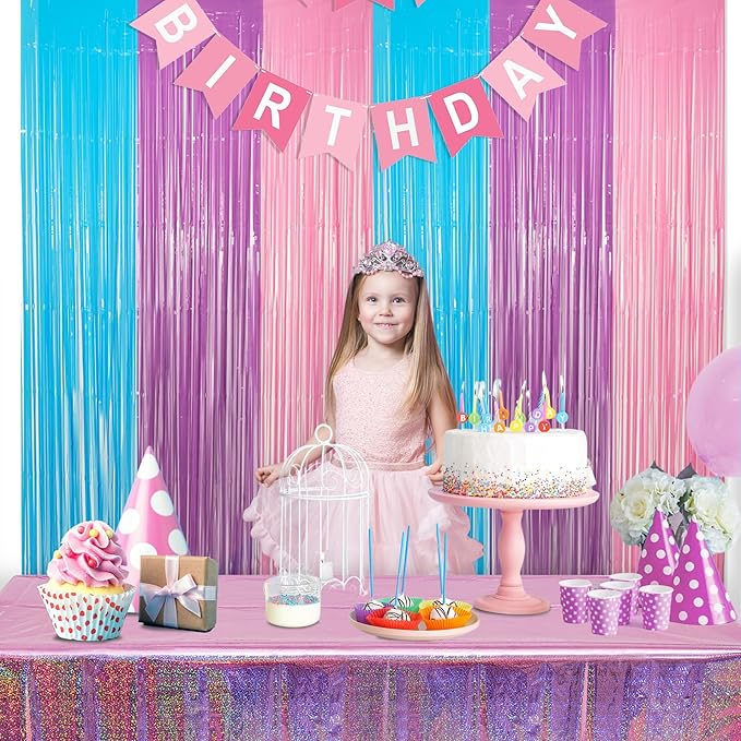 Blue Purple Pink Tinsel Backdrop - GREATRIL Pastel Foil Fringe Curtain Streamers for Pony Theme Birthday Mermaid Shower Unicorn Girls Party Decorations 2 Packs