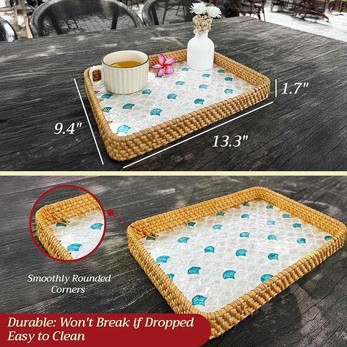Rattan Tray Rectangle with Mother of Pearl – Unique Decorative Rattan Serving Tray for Food, Bread, Fruits, Snacks & Organizing Bathroom, Coffee Table – Christmas & Housewarming Gift (Fin 13.3"x9.4")
