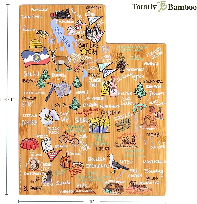 Totally Bamboo Utah State Shaped Cutting Board and Charcuterie Serving Platter with Artwork by Fish Kiss, Includes Hang Tie for Wall Display