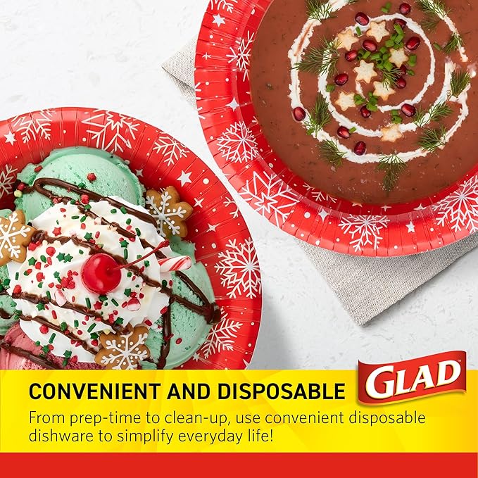 Glad Everyday Disposable Paper Bowls, Red Snowflake Holiday Design - Heavy Duty Soak-Proof Microwavable Paper Bowls - For Soups, Cereals, and Hot Foods, 12 Ounce, 20 Count