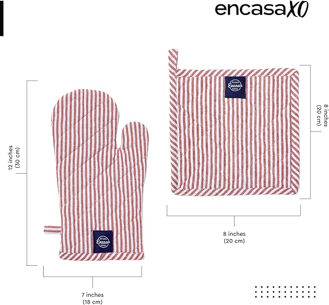 Encasa XO Heat Resistant 100% Cotton Oven Glove & Potholder Set with Loop, Kitchen Cooking Mittens, Microwave Safe Hot Pads (Ticking Red)