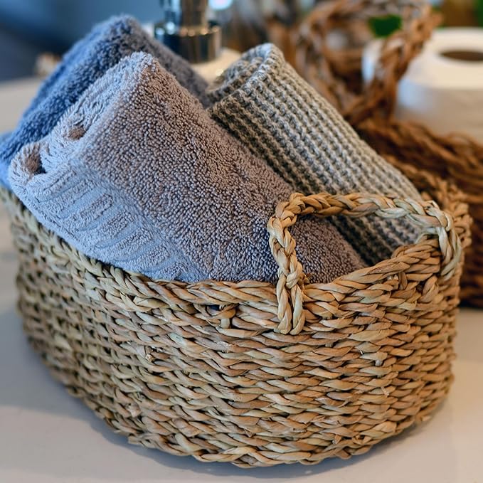 WHW Whole House Worlds Seagrass Baskets, Set of 3, Thick Chunky Sweater Weave, Decorative Vanity Organizers, Closet Storage Bins, Oval, 13.75, 11.75, and 9.5 Inches