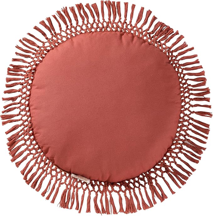 Indigo Ink Round Red Decorative Throw Pillow with Tassels - 20" x 20" | Cotton Throw Cushion for Couch, Chair, Bed | Cute Home Decor | Soft Plush Filling | Tufted Medallion Collection, Ginger Spice