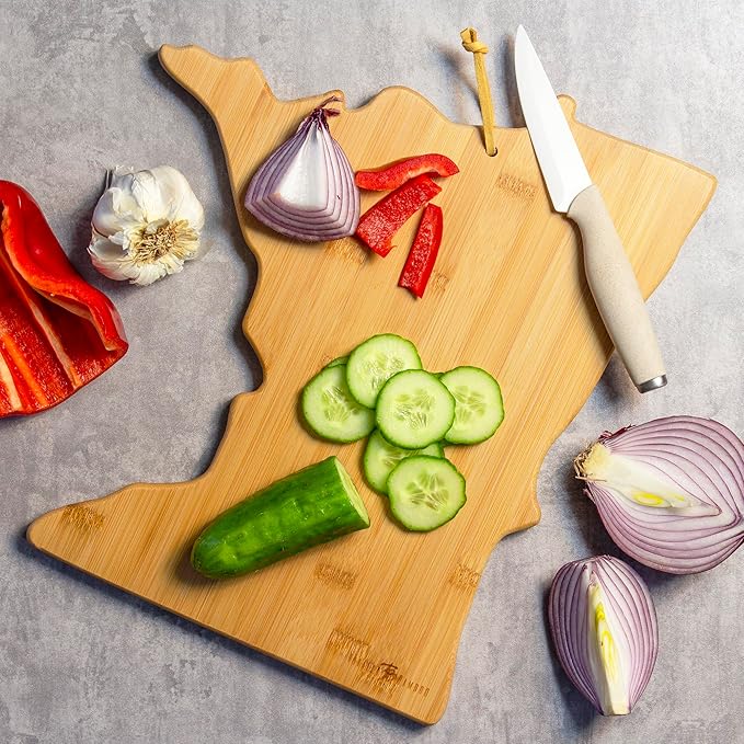 Totally Bamboo Minnesota State Shaped Cutting Board and Charcuterie Serving Platter with Artwork by Fish Kiss, Includes Hang Tie for Wall Display