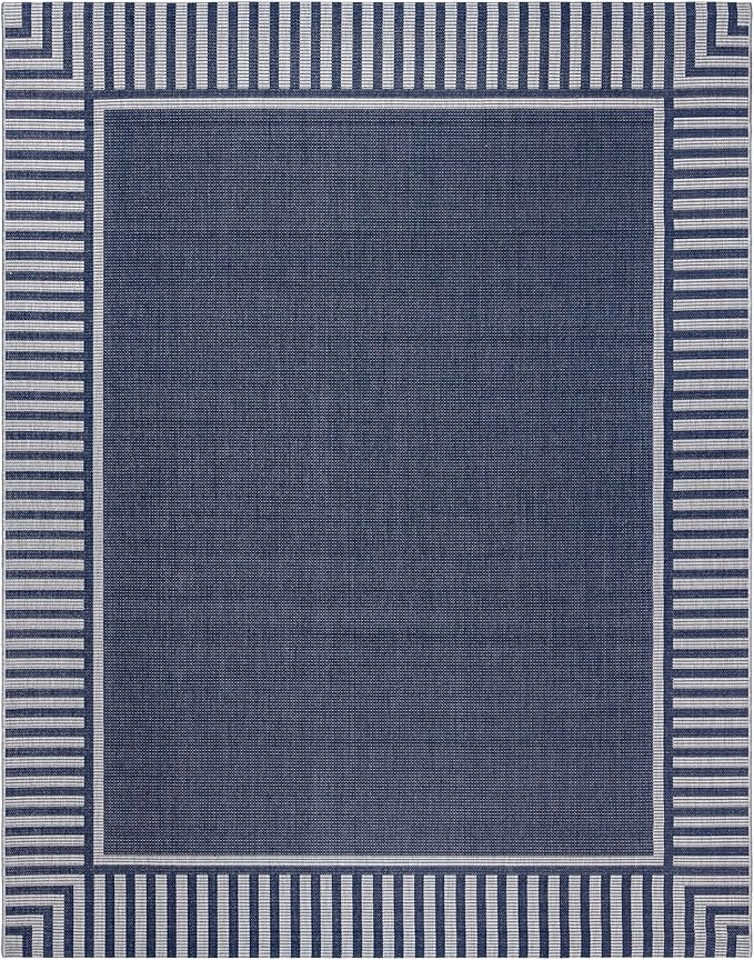 Gertmenian Indoor/Outdoor Flatweave Area Rug - 5x7 Standard, Stain & UV Resistant, Quick-Drying, Ideal for Deck, Patio, Poolside, Mudroom - Klano Striped Navy, Gray, 28009