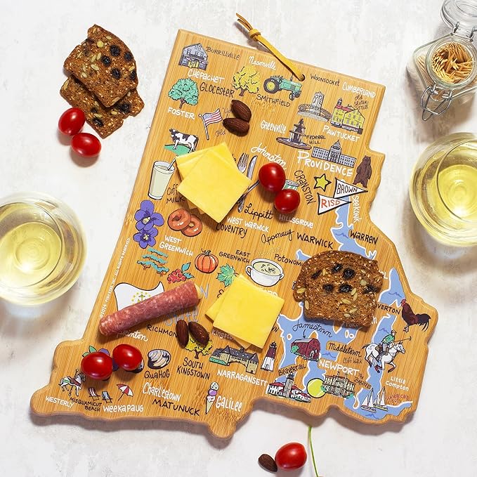 Totally Bamboo Rhode Island State Shaped Cutting Board and Charcuterie Serving Platter with Artwork by Fish Kiss, Includes Hang Tie for Wall Display
