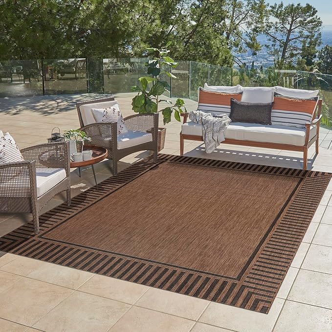 Gertmenian Indoor/Outdoor Flatweave Area Rug - 6x9 Medium, Stain & UV Resistant, Ideal for Deck, Patio, Poolside, Mudroom - Klano Striped Havana, Black, 25412