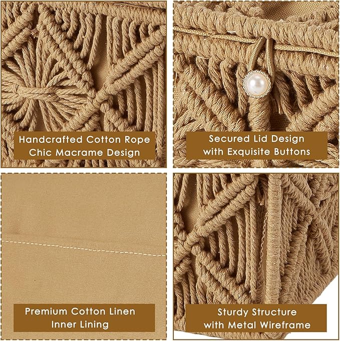 Decorative Boho Storage Baskets with Lid Bohemian Macrame Jewelry Box Handmade Natural Cotton Rope Woven Bins Memory Keepsake Photo Makeup Organizer Shelf Container (Khaki, Large)