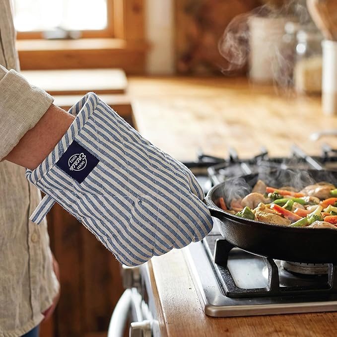 Encasa XO Heat Resistant 100% Cotton Oven Glove & Potholder Set with Loop, Kitchen Cooking Mittens, Microwave Safe Hot Pads (Ticking Navy Blue)