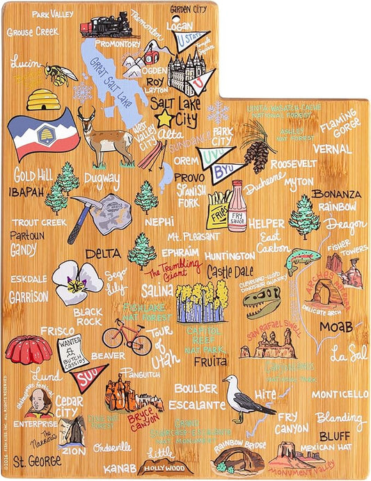 Totally Bamboo Utah State Shaped Cutting Board and Charcuterie Serving Platter with Artwork by Fish Kiss, Includes Hang Tie for Wall Display