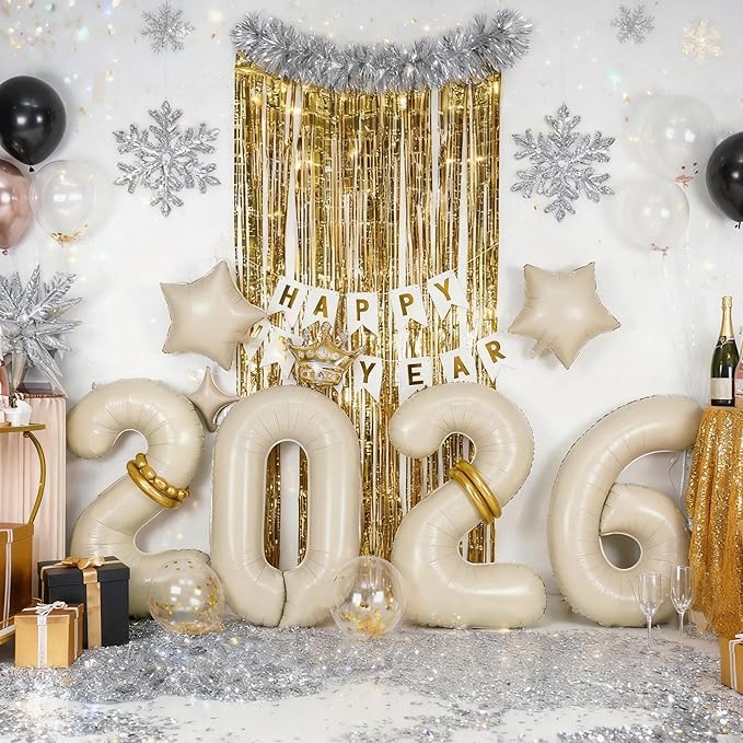 2026 Balloons Beige,40 Inch 2026 Number Balloons with Foil Crown Balloons for Happy New Year Decorations New Years Eve 2026 Graduation Decorations Class of 2026 Party Supplies