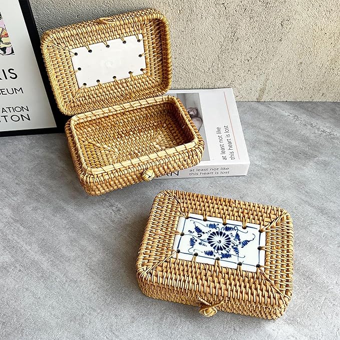 Rattan Box with Lid: Blue-and-White Porcelain Decorative Rattan Storage Box, Hand-Woven Wicker Storage Basket with Lid, for Sundries Tea Case Picnic Food Containers (Rectangle, 6.7in*4.72in*2.36in)