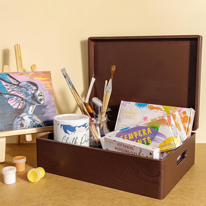 Creative Deco XL Brown Wooden Box Storage with Hinged Lid | 15.8x11.8x5.5in (+-0.5) | Keepsake with Handles | Decorative Gift Box for Tool Toy Kitchen Storage | Acacia-Like Wood Chest Trunk