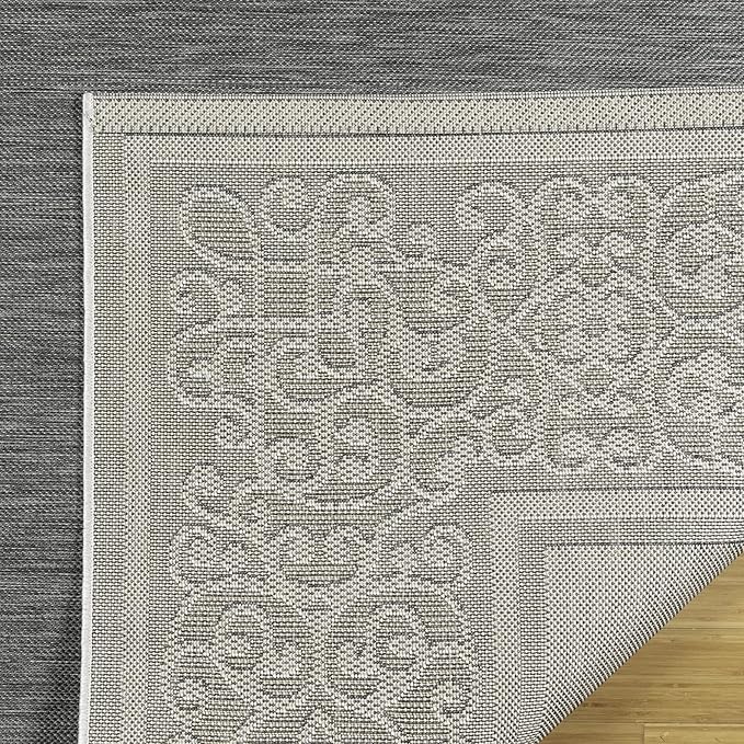 Gertmenian Indoor/Outdoor Flatweave Area Rug - 8x10 Large, Stain & UV Resistant, Ideal For Deck, Patio, Poolside, Mudroom - Abstract Border, Dark Grey White, 22947