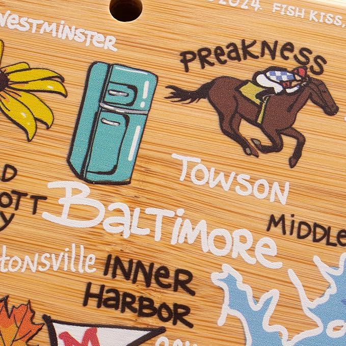 Totally Bamboo Maryland State Shaped Cutting Board and Charcuterie Serving Platter with Artwork by Fish Kiss, Includes Hang Tie for Wall Display