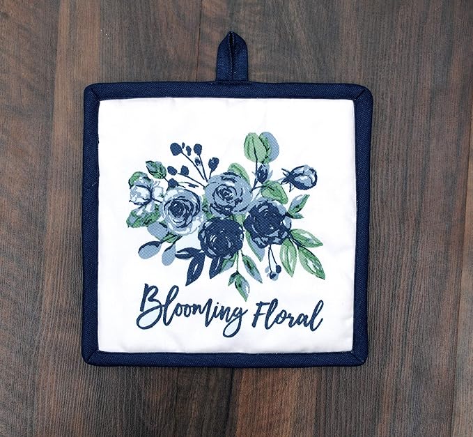 AMOUR INFINI Pot Holders Heat Resistant Cotton Set of 3 Nonslip 8"x8" Inch Hot Pads for Kitchen, BBQ, Baking & Cooking with Hanging Loops (Blooming Floral)