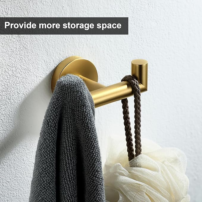 Towel Hooks for Bathrooms, Gold Towel Hook for Kitchen Bathroom, SUS304 Stainless Steel Coat Hook, Heavy Duty Double Towels Holder Hooks for Hanging Towels, Coats,sponges, Clothes, Wall Mount, 2 Pack