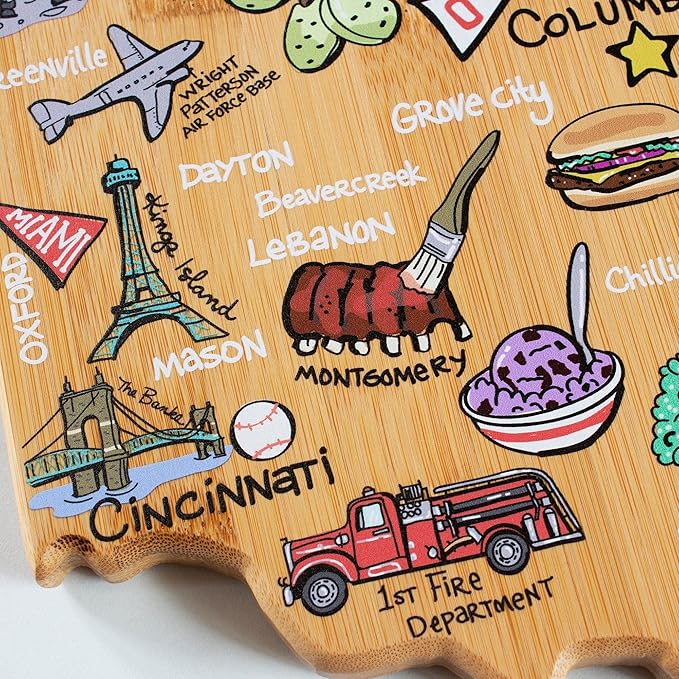 Totally Bamboo Ohio State Shaped Cutting Board and Charcuterie Serving Platter with Artwork by Fish Kiss, Includes Hang Tie for Wall Display