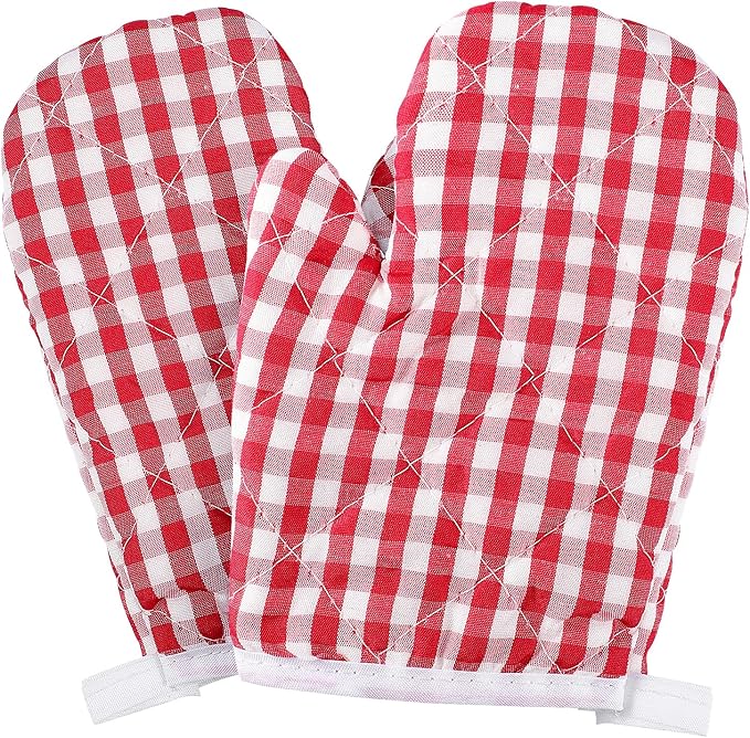 Cabilock 2pcs Kids Oven Mitts Oven Gloves Kitchen Red Checkered Mitts Microwave Gloves for Children Baking Cooking Fireplace Grill BBQ