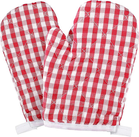 Cabilock 2pcs Kids Oven Mitts Oven Gloves Kitchen Red Checkered Mitts Microwave Gloves for Children Baking Cooking Fireplace Grill BBQ