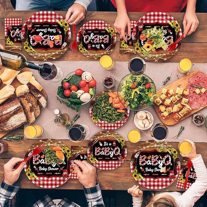 200Pcs BBQ Baby Shower Decorations, It’s A BabyQ Party Plates and Napkins Supplies Set Sunflower Rustic Wood Barbecue Baby Shower Gender Reveal Picnic Party Disposable Tableware Kit, Serves 50