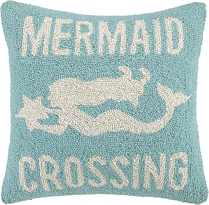 Mermaid Crossing Wool Hook Coastal Pillow by The Pillow Shoppe, 16" Square