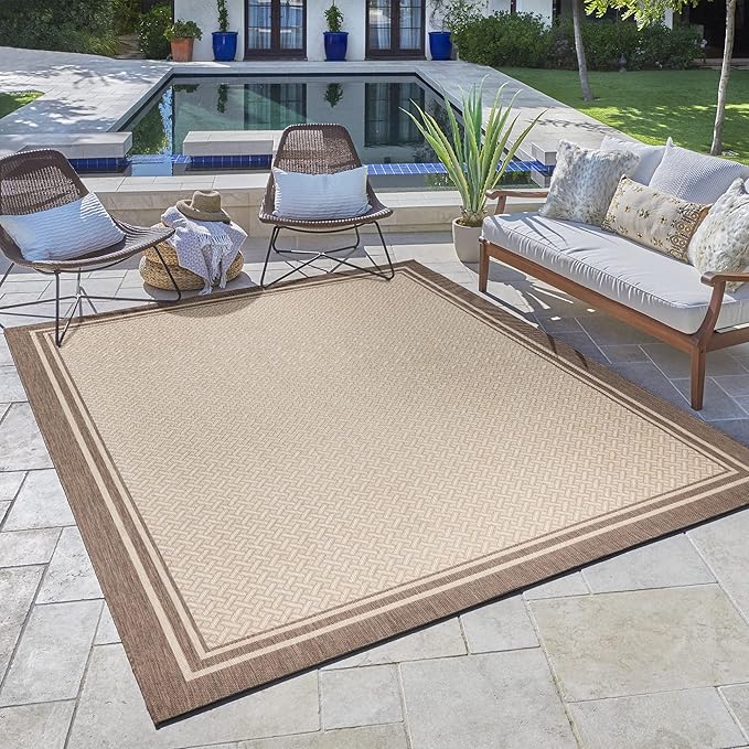 Gertmenian Indoor/Outdoor Flatweave Area Rug - 8x10 Large, Stain & UV Resistant, Ideal for Deck, Patio, Poolside, Mudroom - Simple Border Brown Tan, 22911