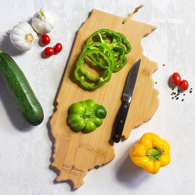 Totally Bamboo Illinois State Shaped Cutting Board and Charcuterie Serving Platter with Artwork by Fish Kiss, Includes Hang Tie for Wall Display