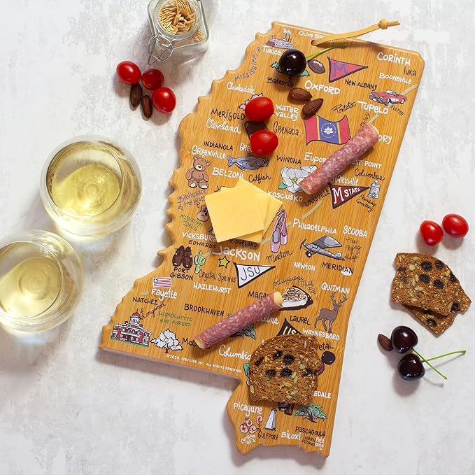 Totally Bamboo Mississippi State Shaped Cutting Board and Charcuterie Serving Platter with Artwork by Fish Kiss, Includes Hang Tie for Wall Display