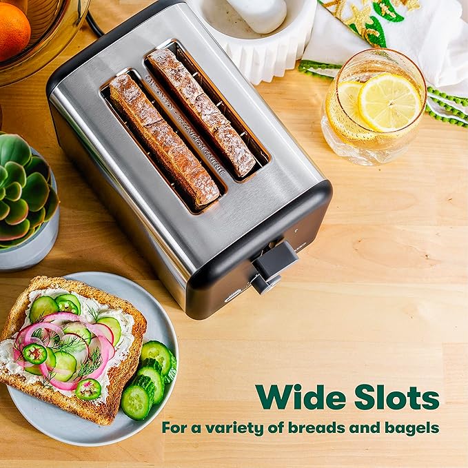 bella 2 Slice Toaster, Quick & Even Results Every Time, Wide Slots Fit Any Size Bread Like Bagels or Texas Toast, Drop-Down Crumb Tray for Easy Clean Up, Stainless Steel and Black
