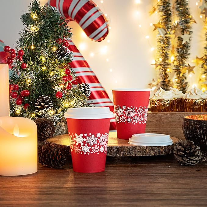 Restaurantware-Restpresso 12 Ounce Disposable Drinking Cups, 20 Hot Cups With Plastic Lids - Snowflake Design, Rolled Rim, Red Paper Coffee Cups, For Christmas Parties, Serve Hot And Cold Drinks