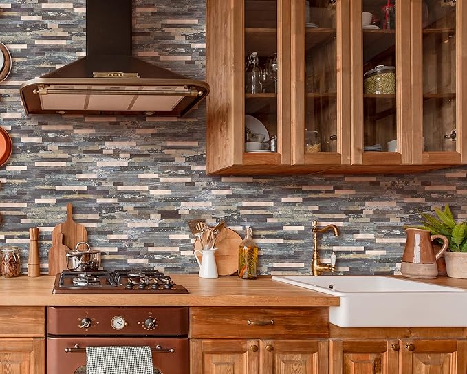 Yipscazo 1 Sheet Peel and Stick Stone Metal Tile Backsplash, Stick on Tiles for Backsplash Kitchen, Bathroom, Laundry Room, Camper, Fireplace (12'' X 12'', Mix Rustic with Gold)