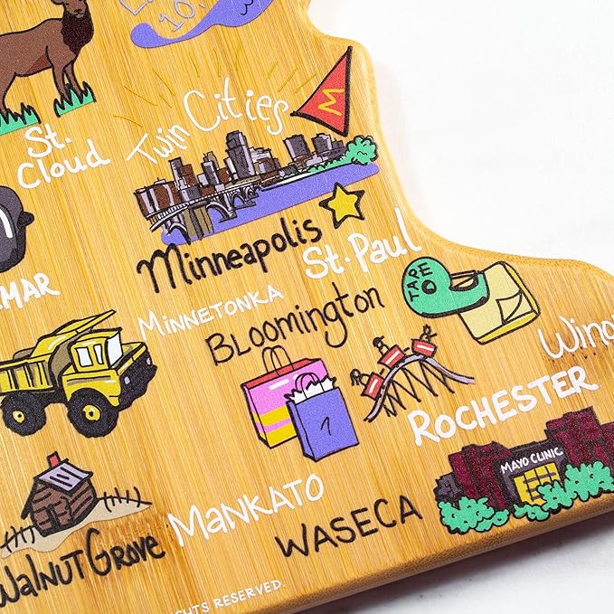 Totally Bamboo Minnesota State Shaped Cutting Board and Charcuterie Serving Platter with Artwork by Fish Kiss, Includes Hang Tie for Wall Display
