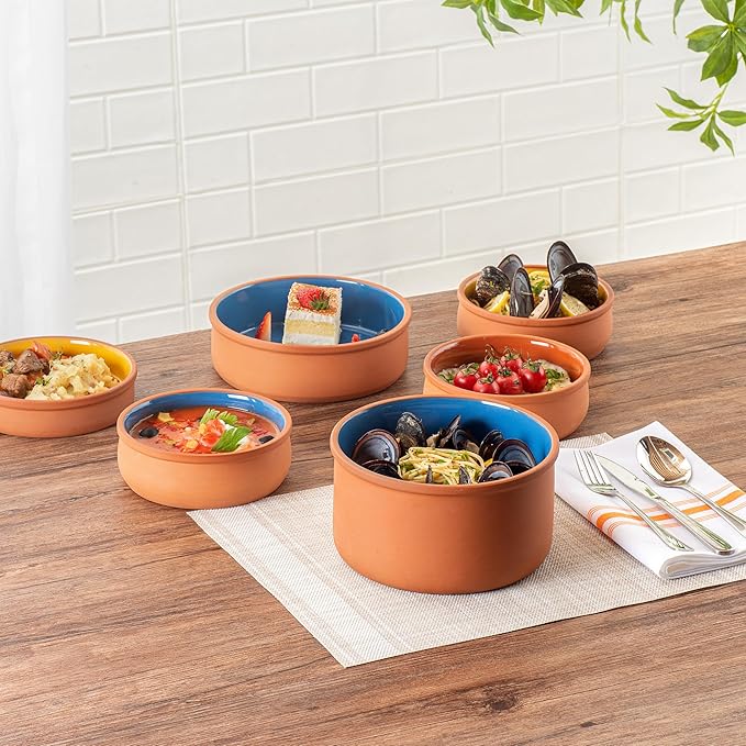 Restaurantware-Terra Tek 68 Ounce Terracotta Cazuelas, 2 Blue Glazed Clay Pots For Cooking - Oven-Ready, Microwavable, Terracotta Serving Pots, Dishwashable, For Cooking And Serving