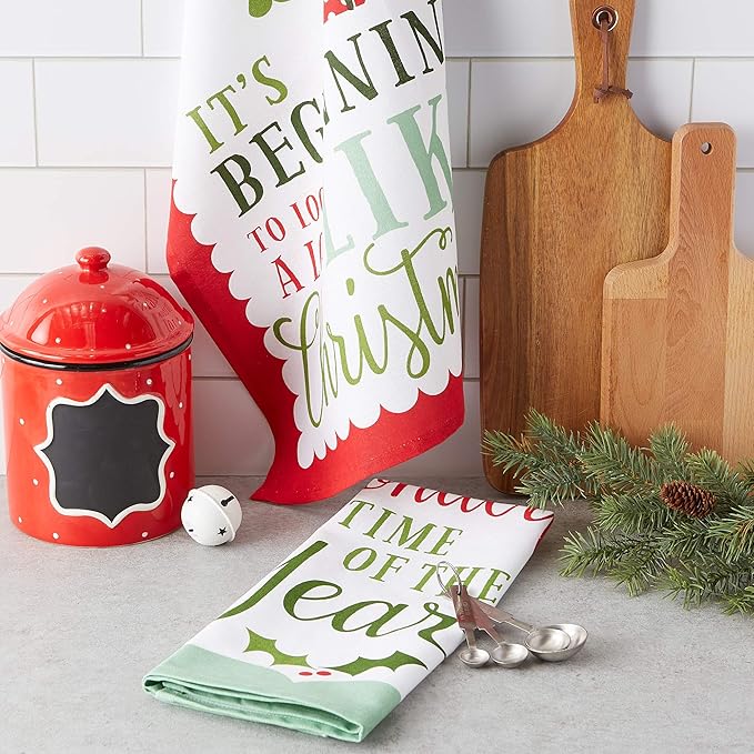 DII Holiday Kitchen Towel Set, Christmas Tea Towels for Baking, Cooking & Entertaining 18x28, Holiday Sayings, 2 Piece