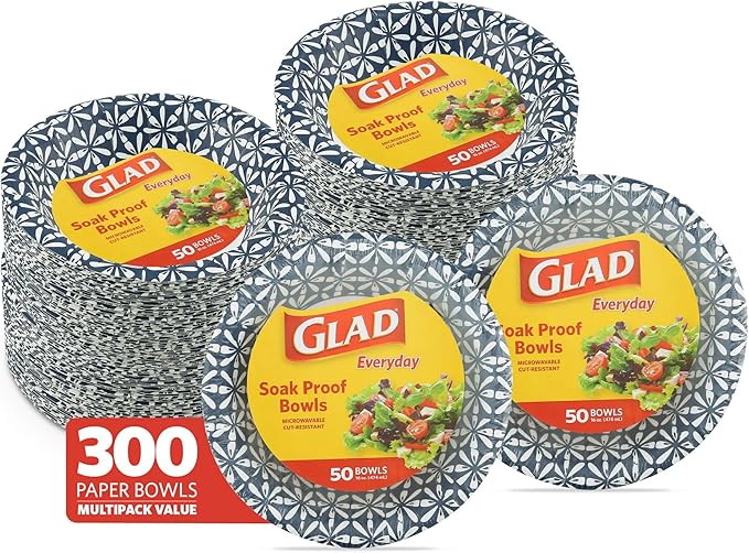 Glad Round Disposable Paper Bowls, Blue Mosaic Design - Heavy Duty, Soak-Proof, Cut-Resistant, Microwavable Paper Bowls for All Foods, Daily Use, and Special Occasions, 16 oz, 50 Count - 6 Pack