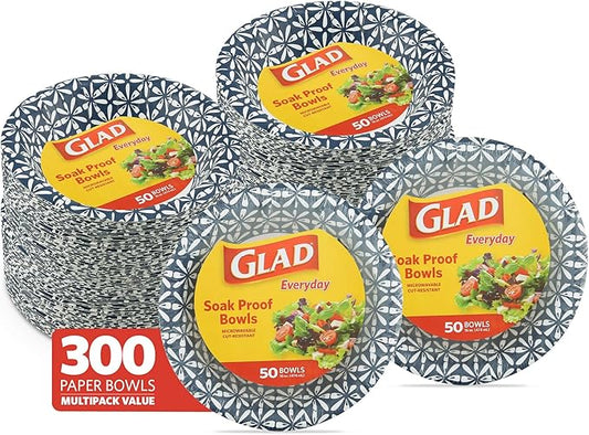Glad Round Disposable Paper Bowls, Blue Mosaic Design - Heavy Duty, Soak-Proof, Cut-Resistant, Microwavable Paper Bowls for All Foods, Daily Use, and Special Occasions, 16 oz, 50 Count - 6 Pack