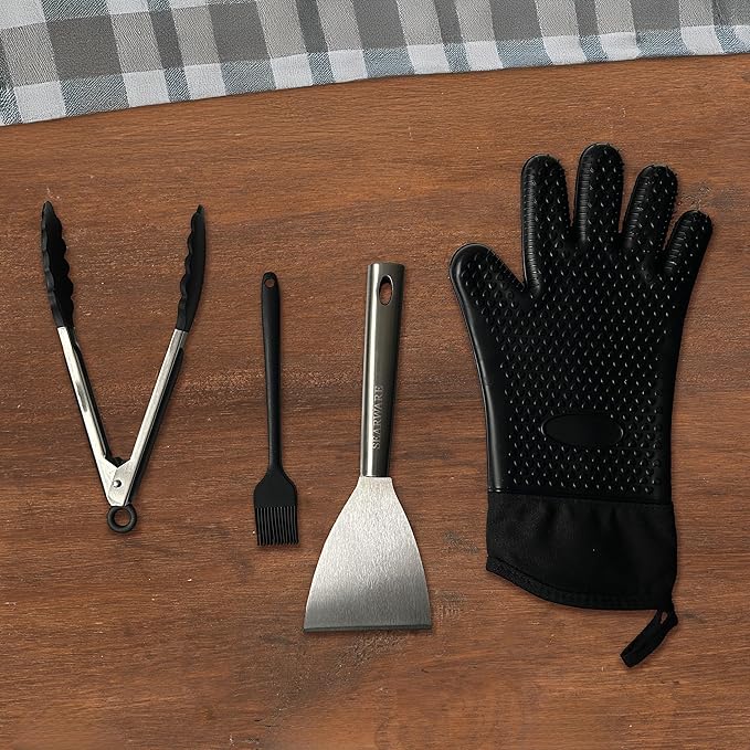 Griddle Accessories Set - Durable Stainless Steel Tools for Flat Tops - Includes Heat-Resistant Grill Glove & Cast Iron Grill Press