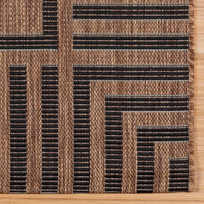 Gertmenian Indoor/Outdoor Flatweave Area Rug - 8x10 Large, Stain & UV Resistant, Ideal for Deck, Patio, Poolside, Mudroom - Klano Striped Havana, Black, 25413
