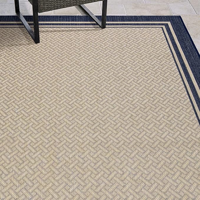 Gertmenian Indoor/Outdoor Flatweave Area Rug - 8x10 Large, Stain & UV Resistant, Ideal For Deck, Patio, Poolside, Mudroom - Simple Border, Navy Blue, 22010