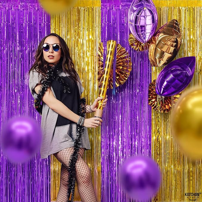 KatchOn, Purple and Gold Fringe Backdrop - 3.25 x 6.5 Feet, Pack of 2 | Purple and Gold Foil Fringe Curtain for Graduation Decorations 2026 | 2026 Graduation Party Decorations