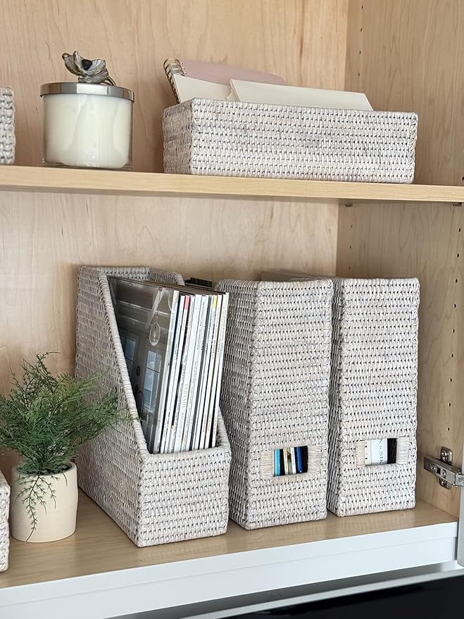 KOUBOO La Jolla Rattan Magazine File, Paper Holder, Desk Basket, Decorative Rack, Book Bin, Office Folder, Desk Organizer, White Wash