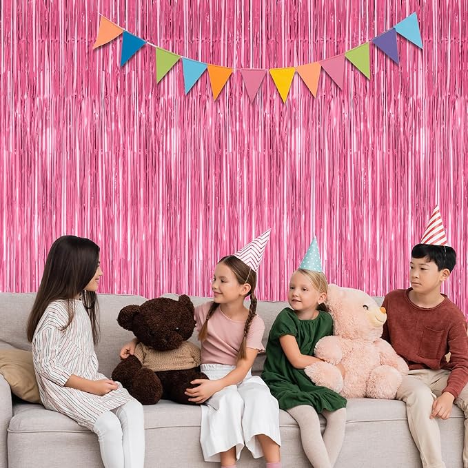 ZATAYE 12 Pack Pink Backdrop, 3.28 FT x 7.05 FT Foil Fringe Curtains, Metallic Pink Tinsel Curtain Party Streamer Birthday Backdrop for Girl, Valentines Day Decorations Bachelorette Party Supplies